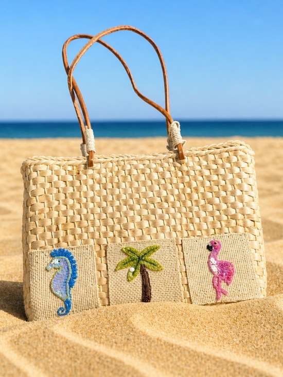 None Handbags - Woven Cornhusk Tote with tropical beadwork and leather handles